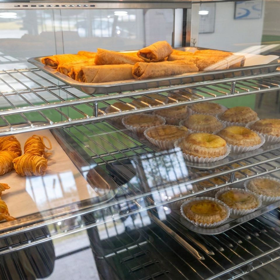 A glass display case holds trays of spring rolls, spiral pastries, and golden custard tarts.