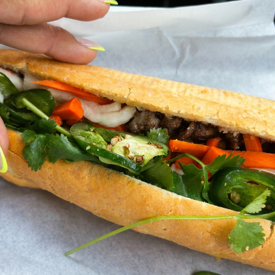 Close-up of a Vietnamese bánh mì sandwich with grilled meat, pickled vegetables, jalapeños, and cilantro in a baguette.