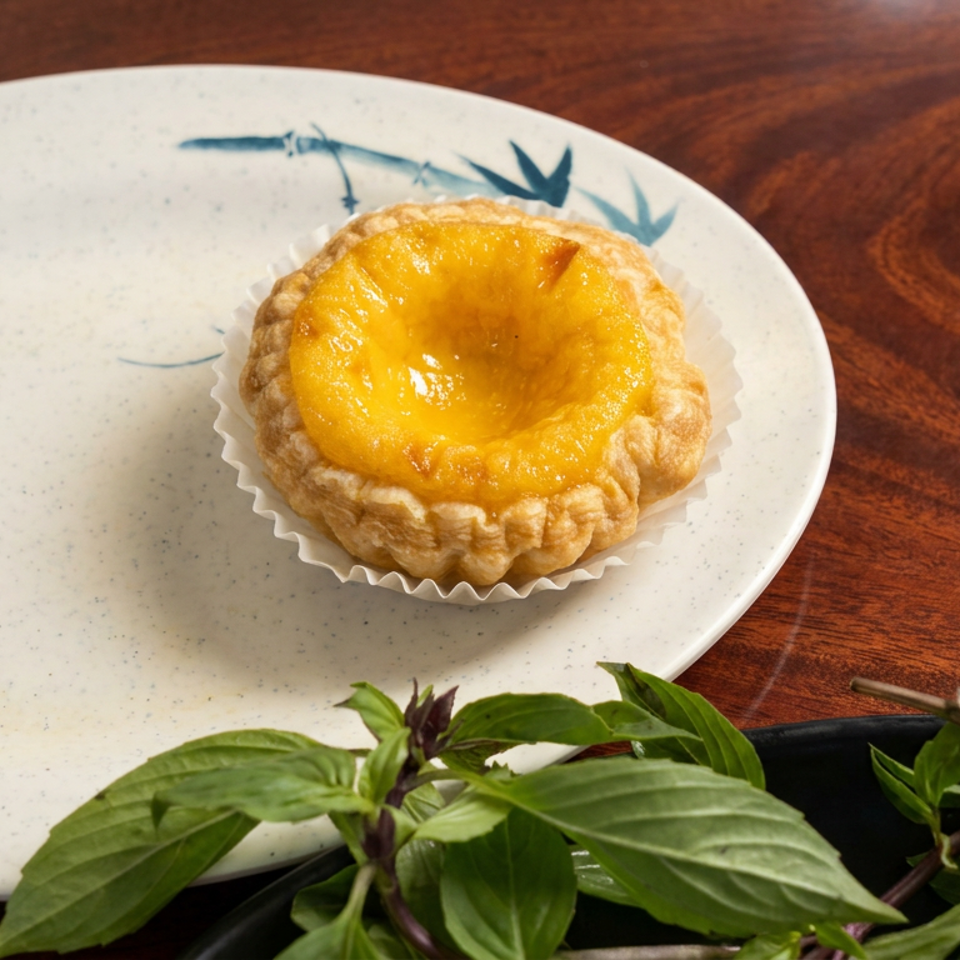 Golden custard pastry in a paper liner on a decorative plate beside fresh basil on a wooden table.