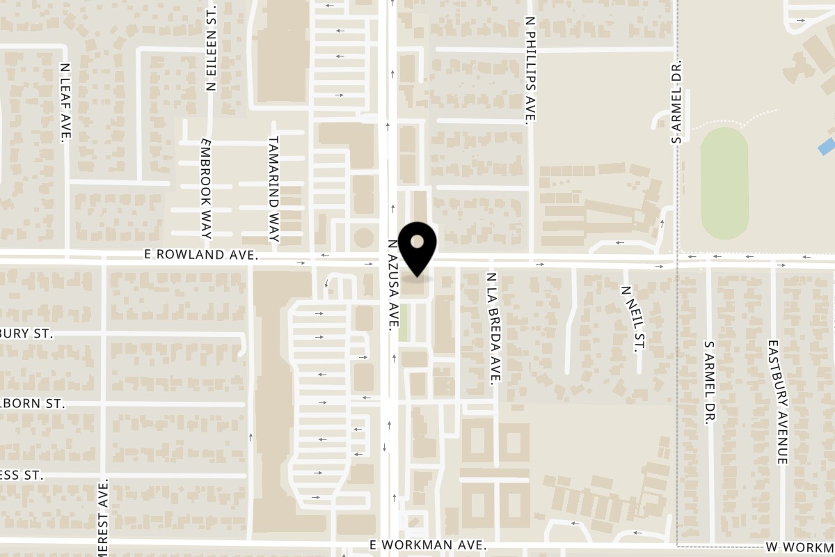Map showing the location of M3J Bánh Mì & Pho on 450 N Azusa Ave # D in West Covina